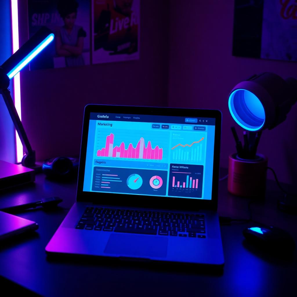 Neon-lit marketing analytics workspace